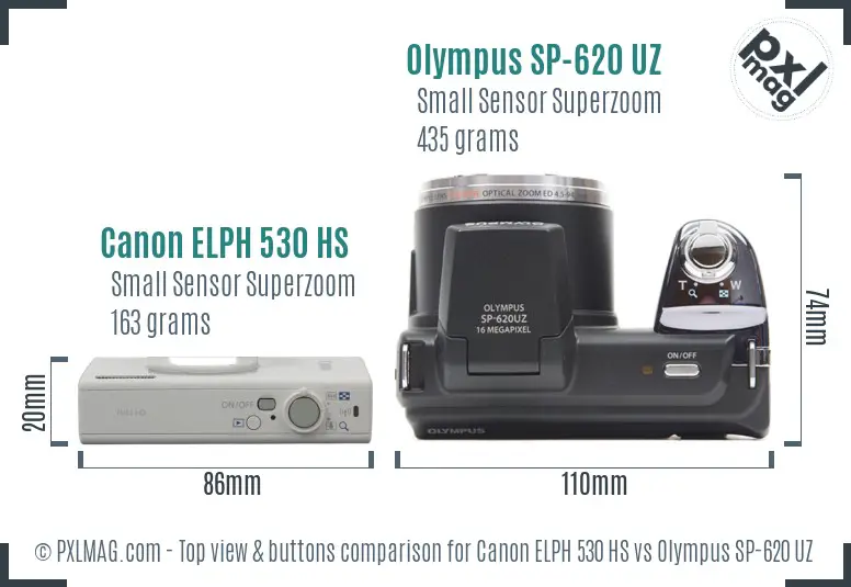 Canon ELPH 530 HS vs Olympus SP-620 UZ top view buttons comparison Canon ELPH 530 HS vs Olympus SP-620 UZ top view buttons comparison