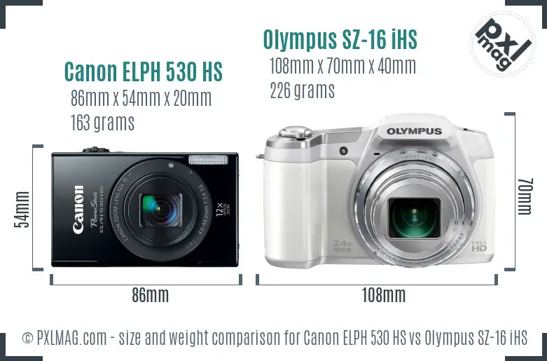 Canon ELPH 530 HS vs Olympus SZ-16 iHS size comparison