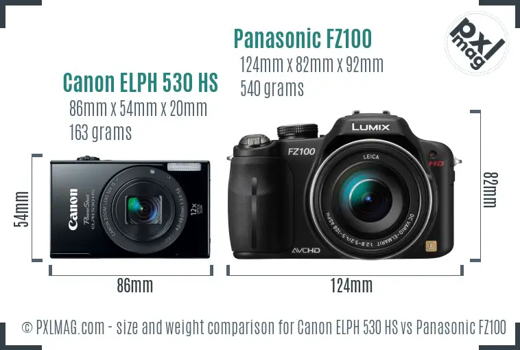 Canon ELPH 530 HS vs Panasonic FZ100 size comparison