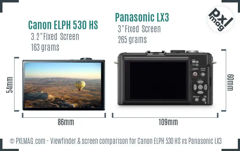 Canon ELPH 530 HS vs Panasonic LX3 Screen and Viewfinder comparison