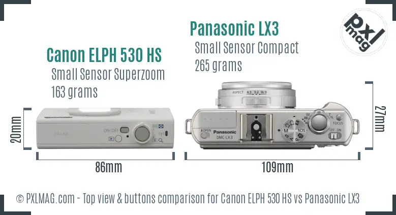 Canon ELPH 530 HS vs Panasonic LX3 top view buttons comparison