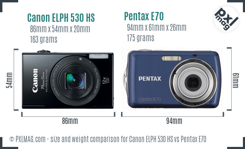 Canon ELPH 530 HS vs Pentax E70 size comparison Canon ELPH 530 HS vs Pentax E70 size comparison