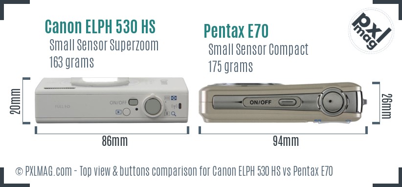 Canon ELPH 530 HS vs Pentax E70 top view buttons comparison