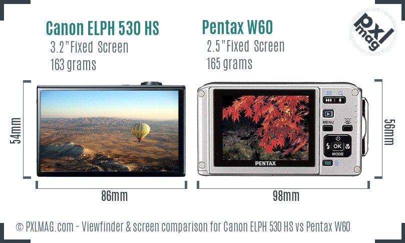 Canon ELPH 530 HS vs Pentax W60 Screen and Viewfinder comparison