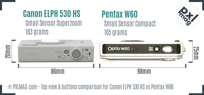 Canon ELPH 530 HS vs Pentax W60 top view buttons comparison