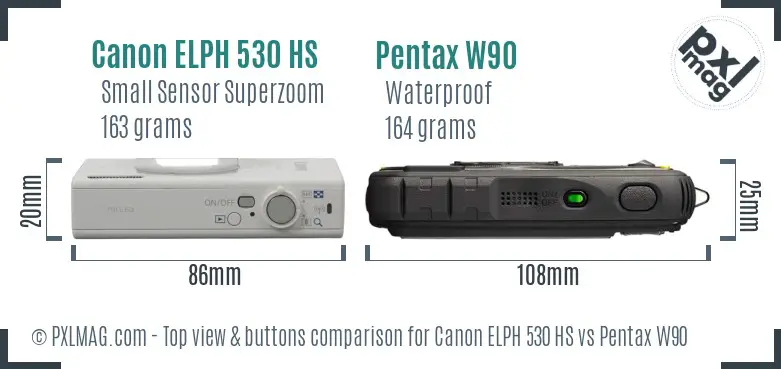 Canon ELPH 530 HS vs Pentax W90 top view buttons comparison Canon ELPH 530 HS vs Pentax W90 top view buttons comparison