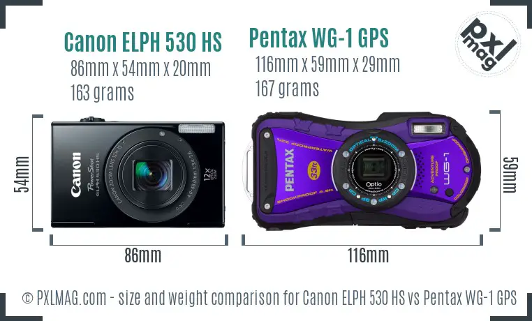 Canon ELPH 530 HS vs Pentax WG-1 GPS size comparison Canon ELPH 530 HS vs Pentax WG-1 GPS size comparison