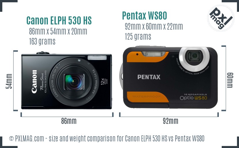 Canon ELPH 530 HS vs Pentax WS80 size comparison Canon ELPH 530 HS vs Pentax WS80 size comparison