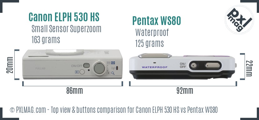 Canon ELPH 530 HS vs Pentax WS80 top view buttons comparison