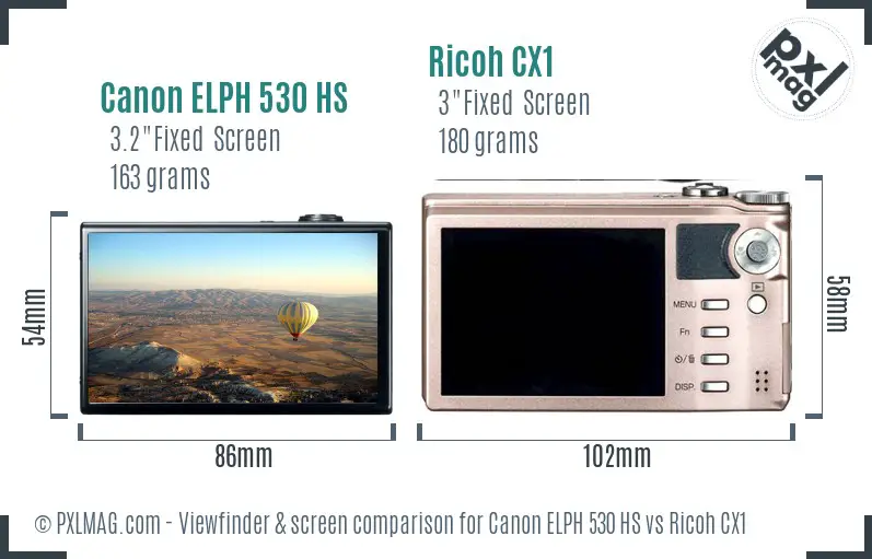 Canon ELPH 530 HS vs Ricoh CX1 Screen and Viewfinder comparison