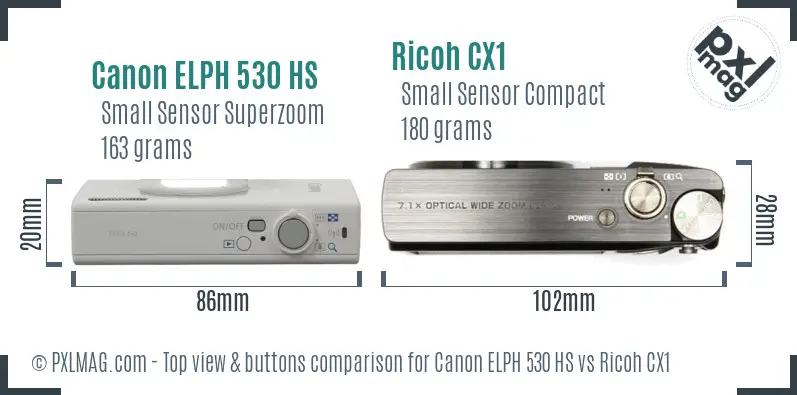 Canon ELPH 530 HS vs Ricoh CX1 top view buttons comparison