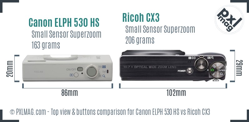 Canon ELPH 530 HS vs Ricoh CX3 top view buttons comparison