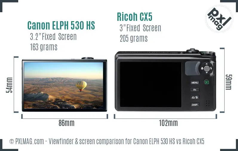 Canon ELPH 530 HS vs Ricoh CX5 Screen and Viewfinder comparison