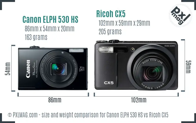 Canon ELPH 530 HS vs Ricoh CX5 size comparison
