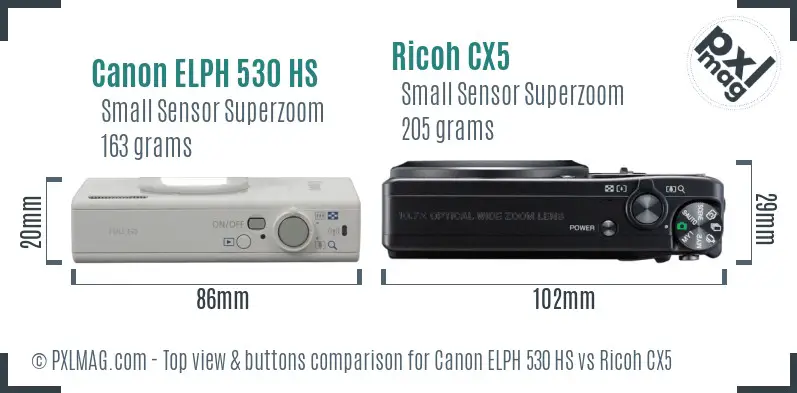 Canon ELPH 530 HS vs Ricoh CX5 top view buttons comparison