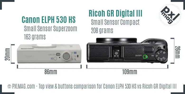 Canon ELPH 530 HS vs Ricoh GR Digital III top view buttons comparison