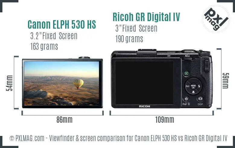 Canon ELPH 530 HS vs Ricoh GR Digital IV Screen and Viewfinder comparison