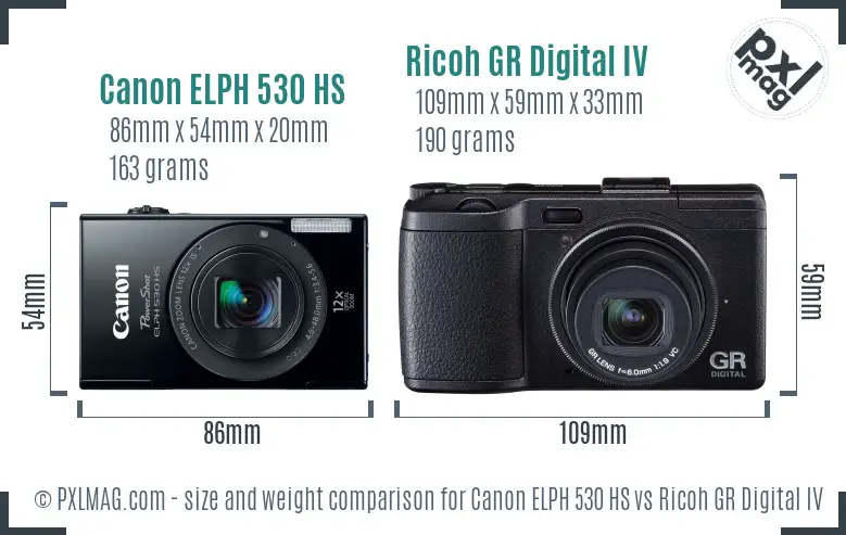 Canon ELPH 530 HS vs Ricoh GR Digital IV size comparison