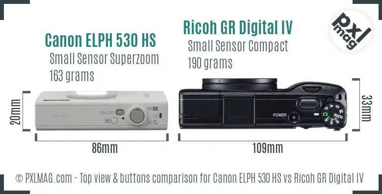 Canon ELPH 530 HS vs Ricoh GR Digital IV top view buttons comparison