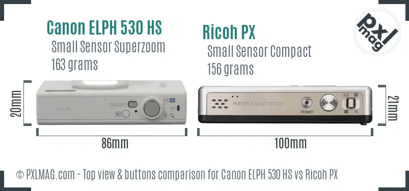 Canon ELPH 530 HS vs Ricoh PX top view buttons comparison Canon ELPH 530 HS vs Ricoh PX top view buttons comparison