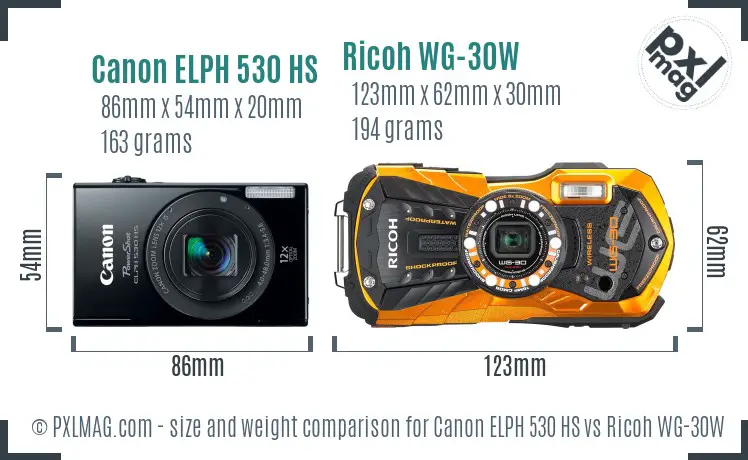 Canon ELPH 530 HS vs Ricoh WG-30W size comparison