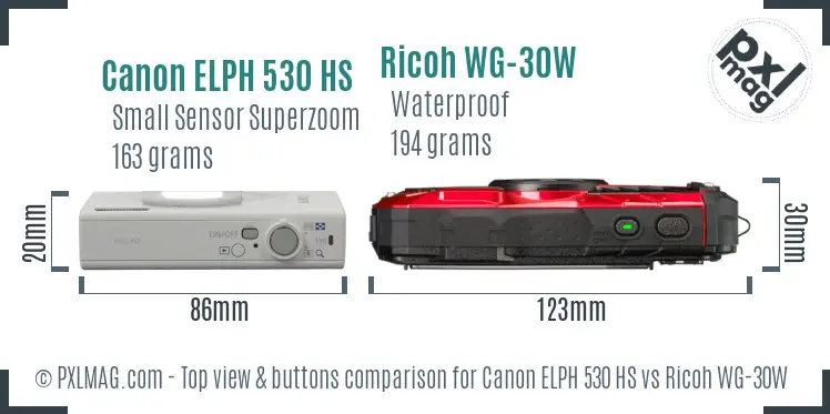 Canon ELPH 530 HS vs Ricoh WG-30W top view buttons comparison