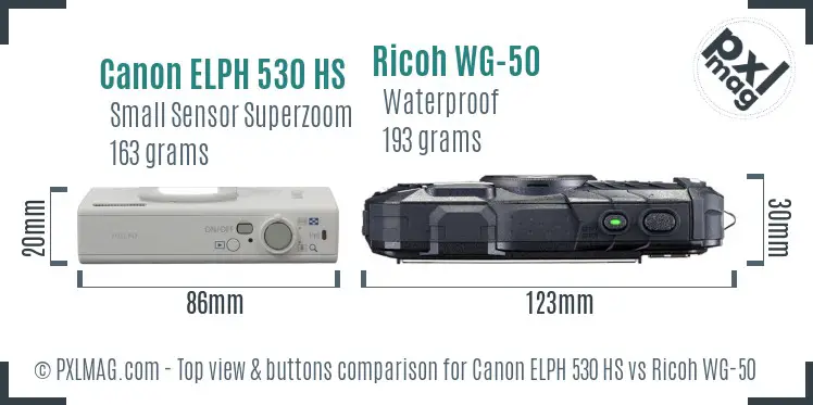 Canon ELPH 530 HS vs Ricoh WG-50 top view buttons comparison Canon ELPH 530 HS vs Ricoh WG-50 top view buttons comparison