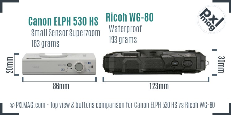 Canon ELPH 530 HS vs Ricoh WG-80 top view buttons comparison