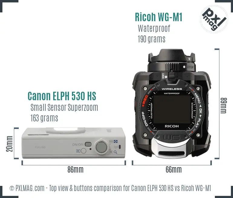 Canon ELPH 530 HS vs Ricoh WG-M1 top view buttons comparison