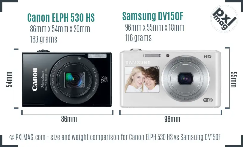 Canon ELPH 530 HS vs Samsung DV150F size comparison