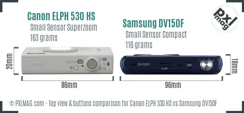 Canon ELPH 530 HS vs Samsung DV150F top view buttons comparison