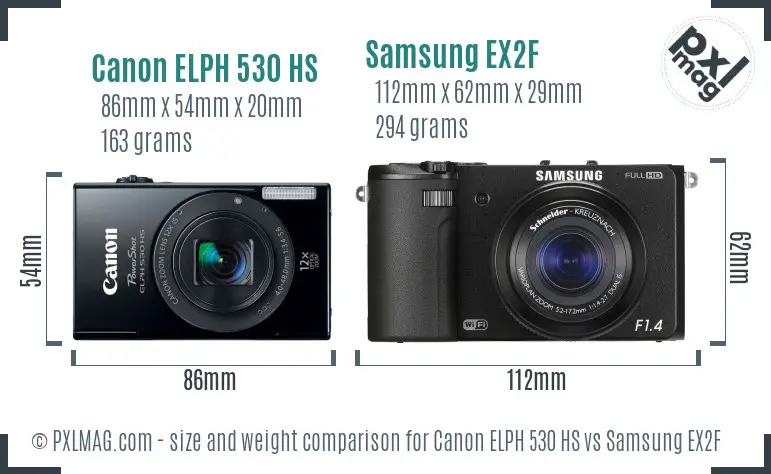 Canon ELPH 530 HS vs Samsung EX2F size comparison Canon ELPH 530 HS vs Samsung EX2F size comparison