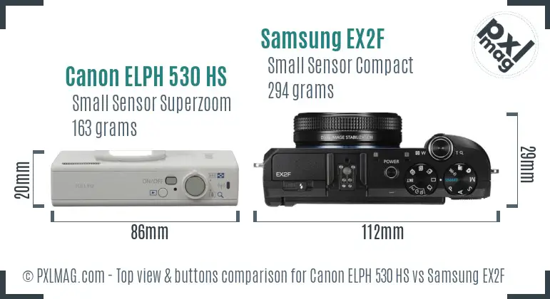 Canon ELPH 530 HS vs Samsung EX2F top view buttons comparison Canon ELPH 530 HS vs Samsung EX2F top view buttons comparison