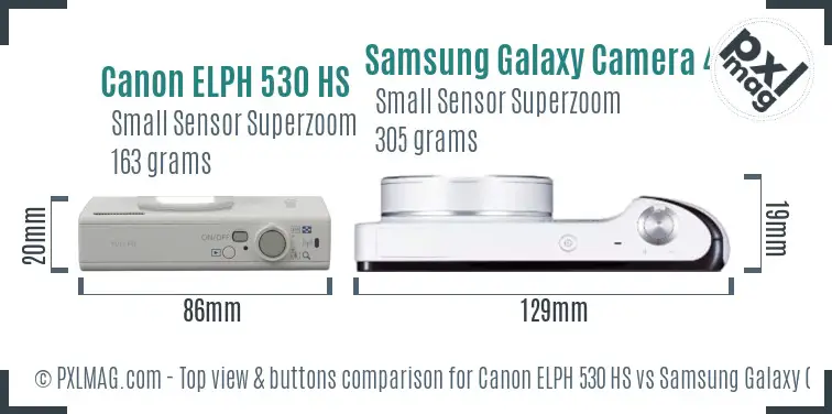 Canon ELPH 530 HS vs Samsung Galaxy Camera 4G top view buttons comparison Canon ELPH 530 HS vs Samsung Galaxy Camera 4G top view buttons comparison