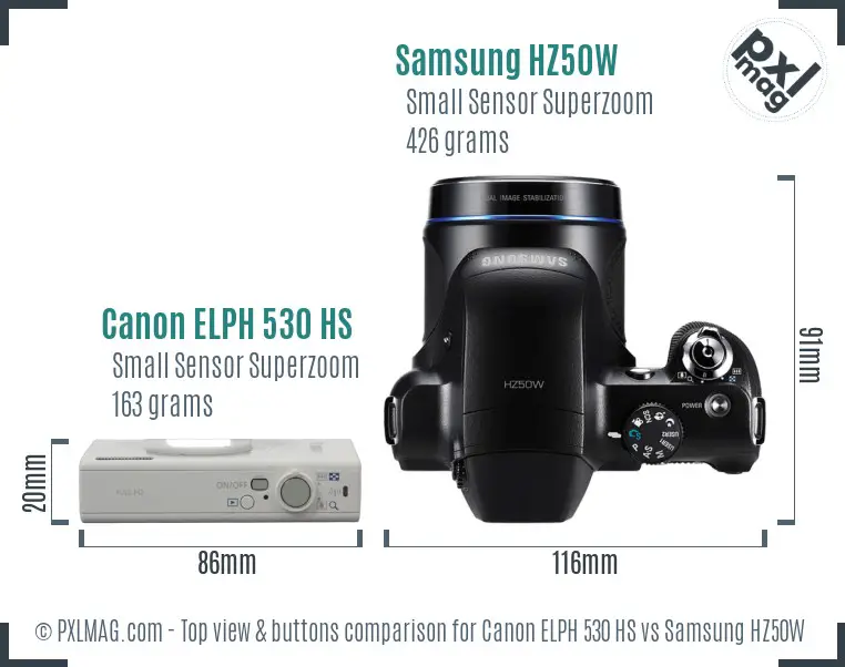 Canon ELPH 530 HS vs Samsung HZ50W top view buttons comparison Canon ELPH 530 HS vs Samsung HZ50W top view buttons comparison