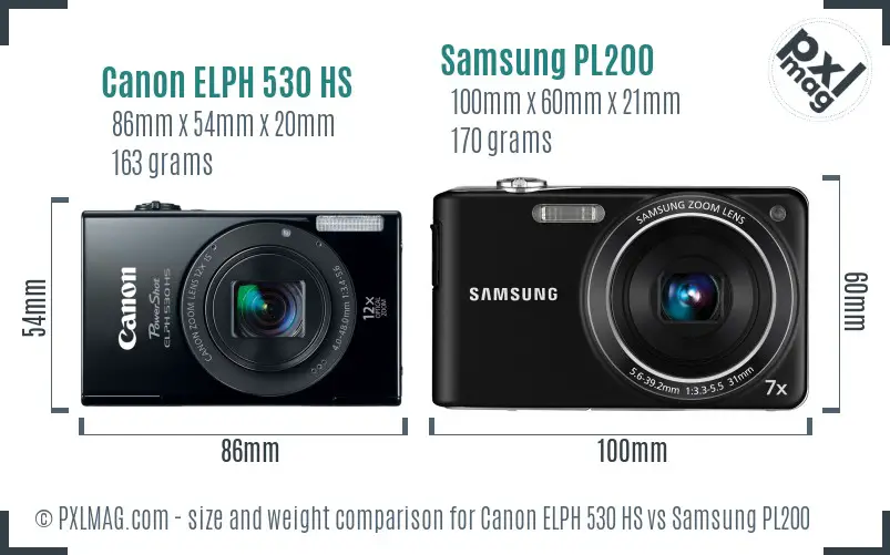 Canon ELPH 530 HS vs Samsung PL200 size comparison