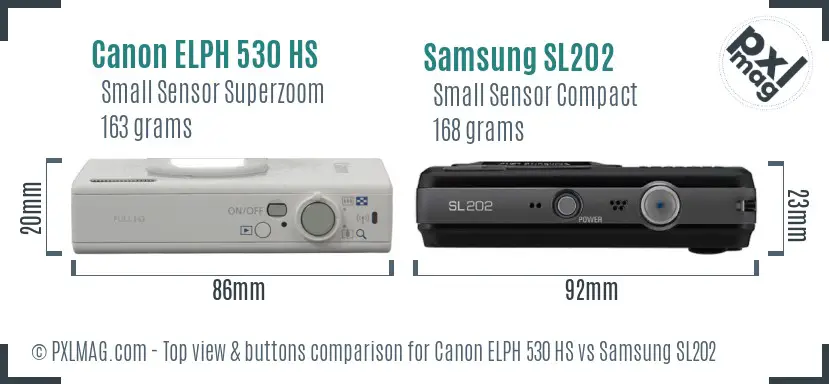 Canon ELPH 530 HS vs Samsung SL202 top view buttons comparison Canon ELPH 530 HS vs Samsung SL202 top view buttons comparison