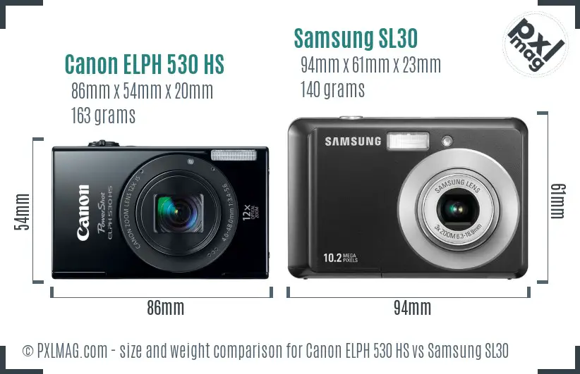 Canon ELPH 530 HS vs Samsung SL30 size comparison