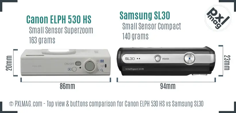Canon ELPH 530 HS vs Samsung SL30 top view buttons comparison