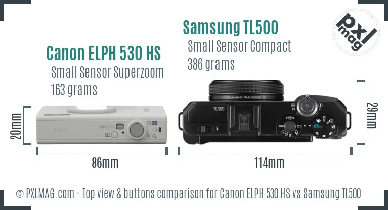 Canon ELPH 530 HS vs Samsung TL500 top view buttons comparison