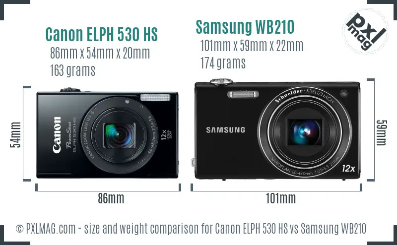 Canon ELPH 530 HS vs Samsung WB210 size comparison