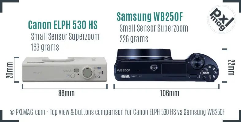 Canon ELPH 530 HS vs Samsung WB250F top view buttons comparison