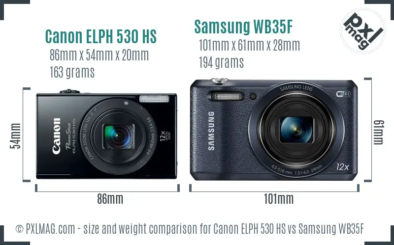 Canon ELPH 530 HS vs Samsung WB35F size comparison