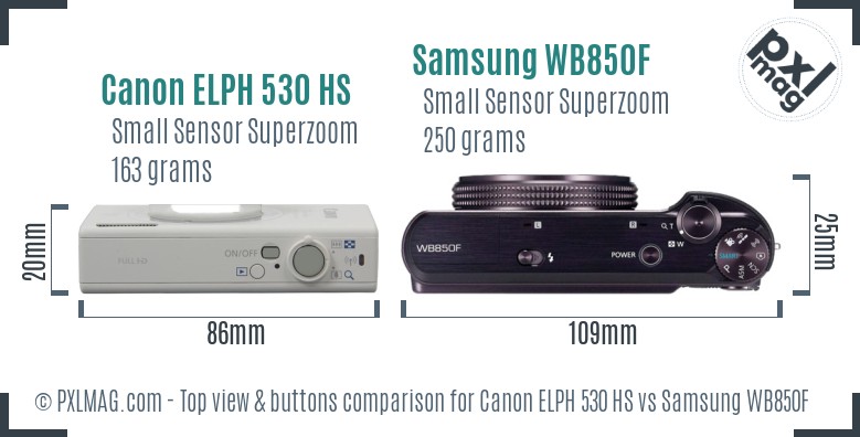 Canon ELPH 530 HS vs Samsung WB850F top view buttons comparison