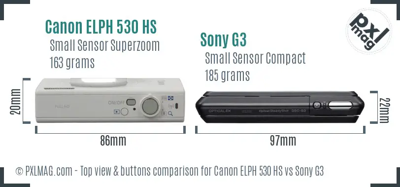 Canon ELPH 530 HS vs Sony G3 top view buttons comparison Canon ELPH 530 HS vs Sony G3 top view buttons comparison