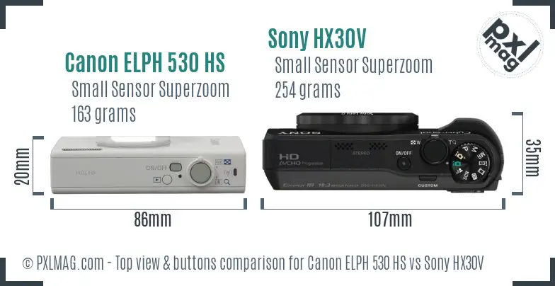 Canon ELPH 530 HS vs Sony HX30V top view buttons comparison Canon ELPH 530 HS vs Sony HX30V top view buttons comparison