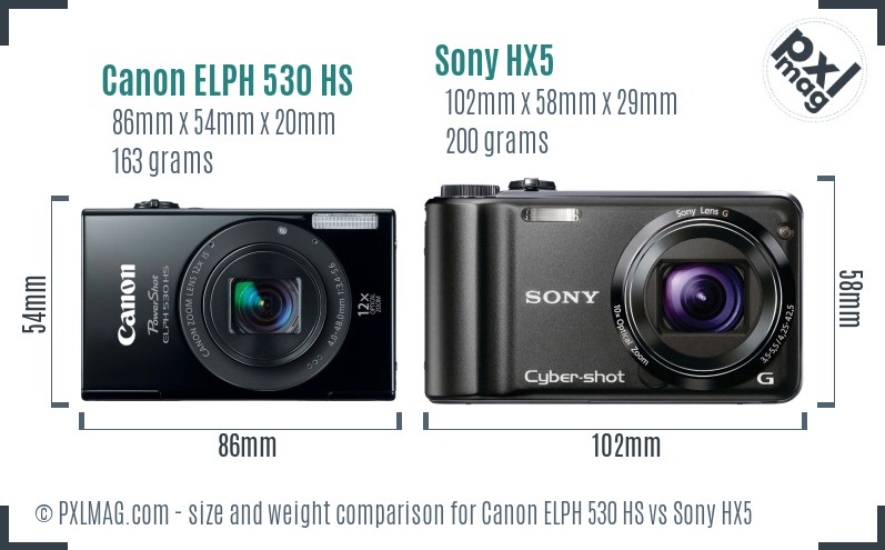 Canon ELPH 530 HS vs Sony HX5 size comparison