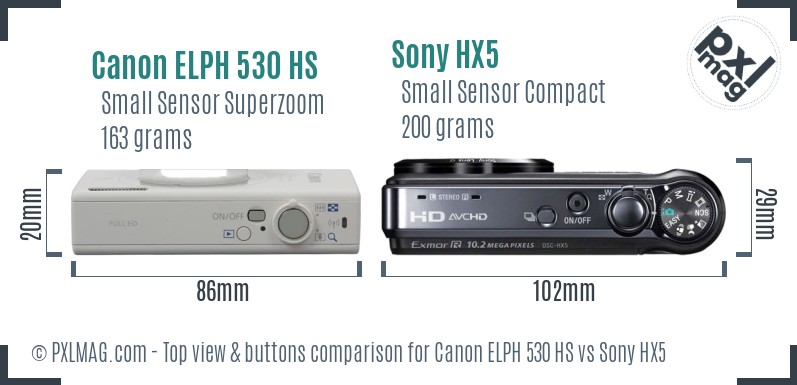 Canon ELPH 530 HS vs Sony HX5 top view buttons comparison