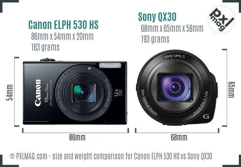 Canon ELPH 530 HS vs Sony QX30 size comparison