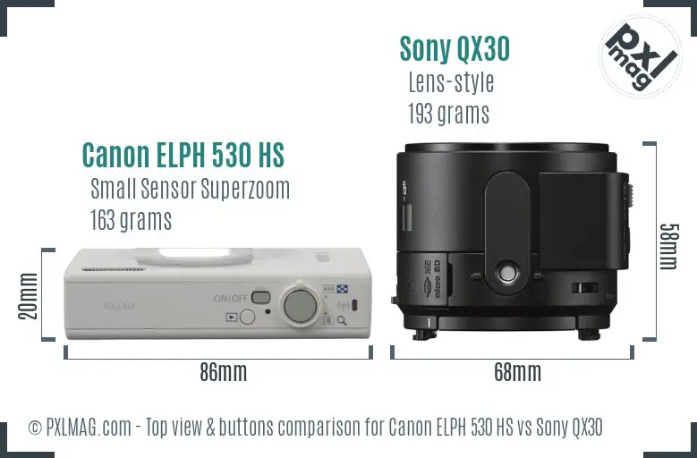 Canon ELPH 530 HS vs Sony QX30 top view buttons comparison
